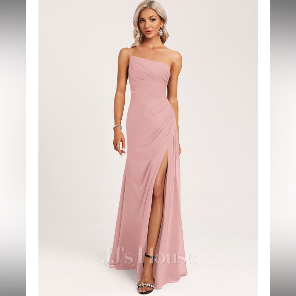 JJ’s A-line One Shoulder Floor-Length Chiffon Bridesmaid Dress With Ruffle